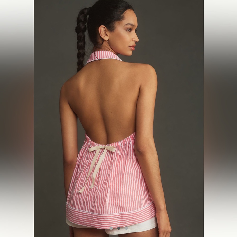 By Anthropologie button-front halter swing blouse red/white - Picture 3 of 7